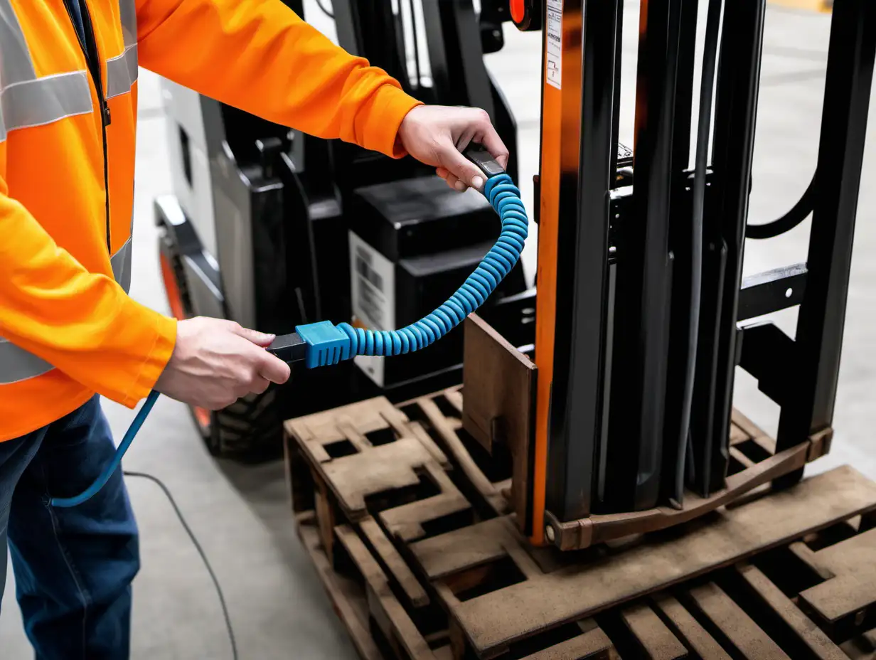 a person connecting a thick charging cable to a forklift