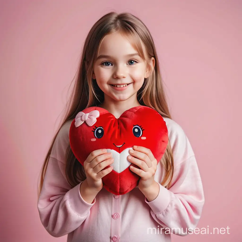 Smiling Girl Holding Plush Heart Surrounded by Vitamin Symbols
