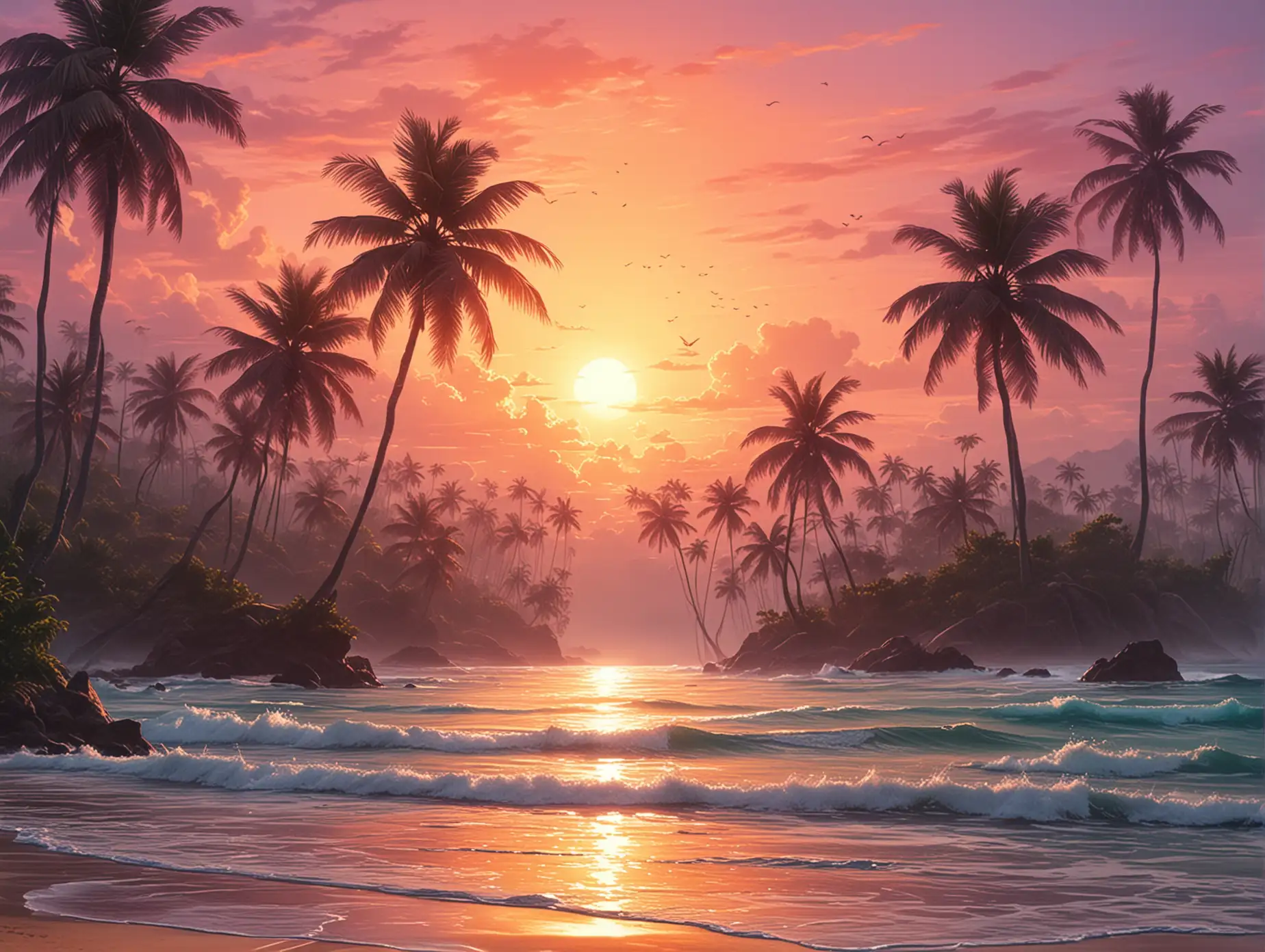 Vibrant Tropical Sunrise Landscape with Palm Trees and Ocean Waves