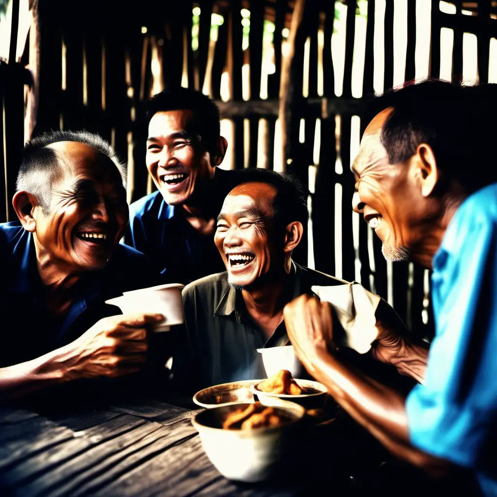 Joyful Malaysian Men Enjoying Morning Breakfast with Teh Tarik