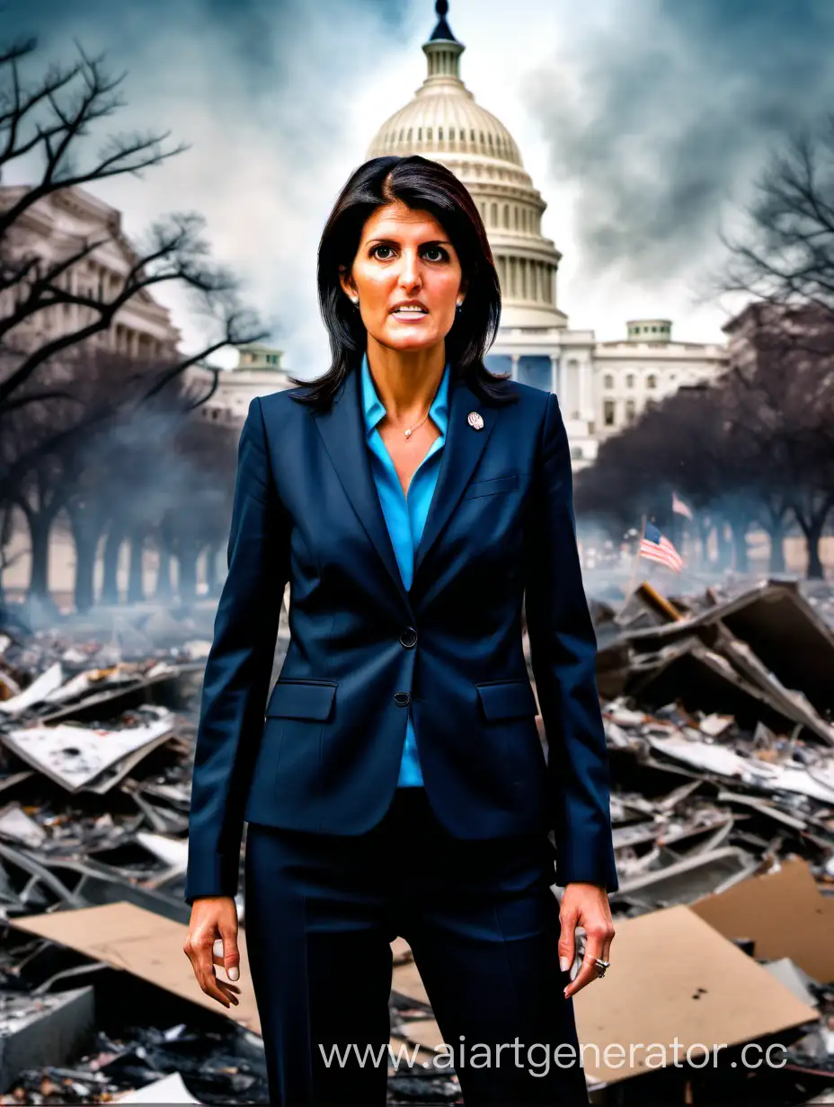 high quality digital photo, trashed AND BURNING US CAPITOL BACKGROUND, NIKKI HALEY,   dressed in business suit, facing the camera lens, wide