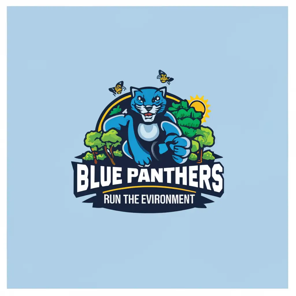 a logo design,with the text "blue panthers run for the environment", main symbol:fun run nature theme, water, blue panther,Moderate,be used in Sports Fitness industry,clear background