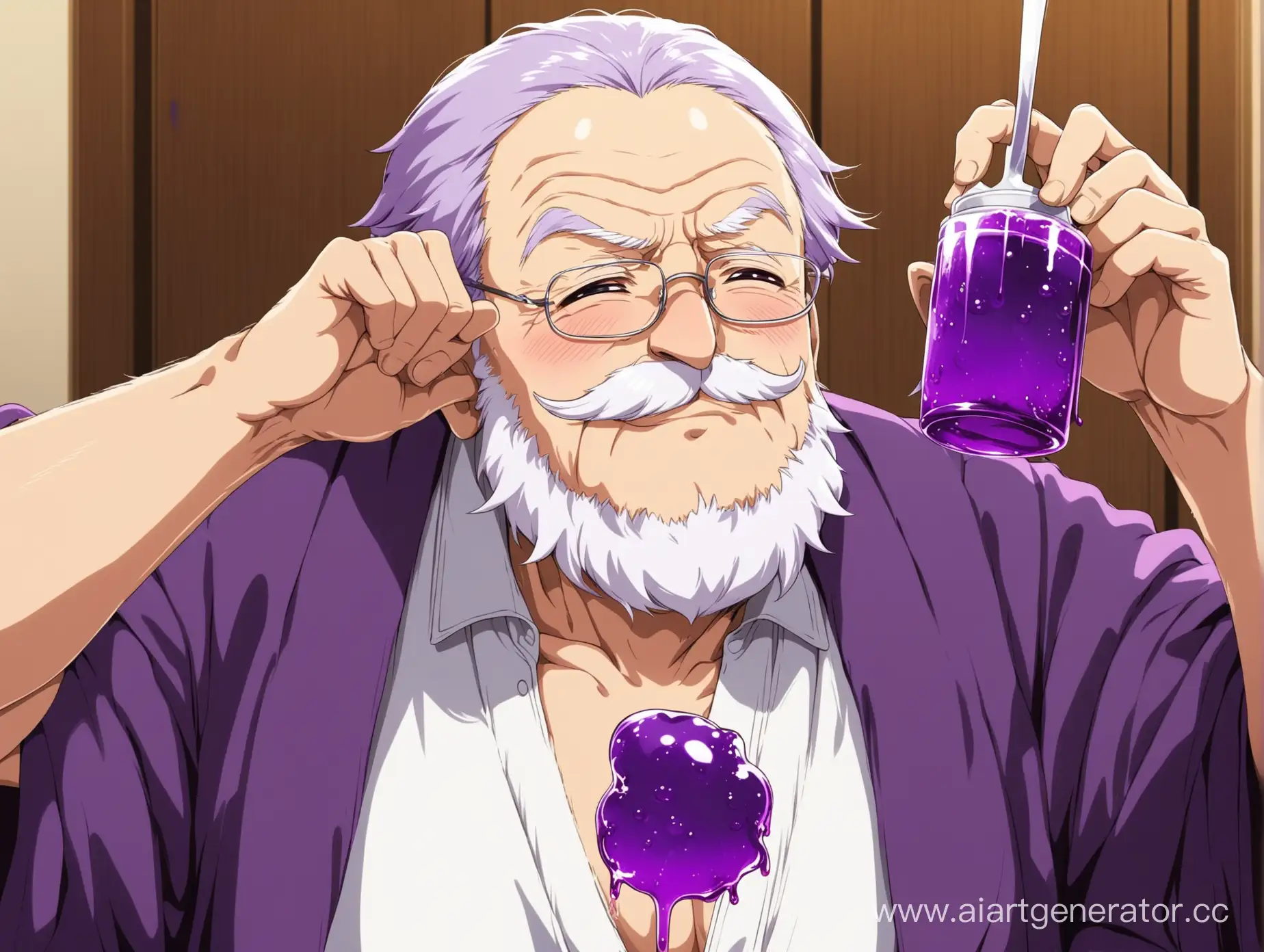 аниме дед инсайд держащий в руках фиолетовый сироп