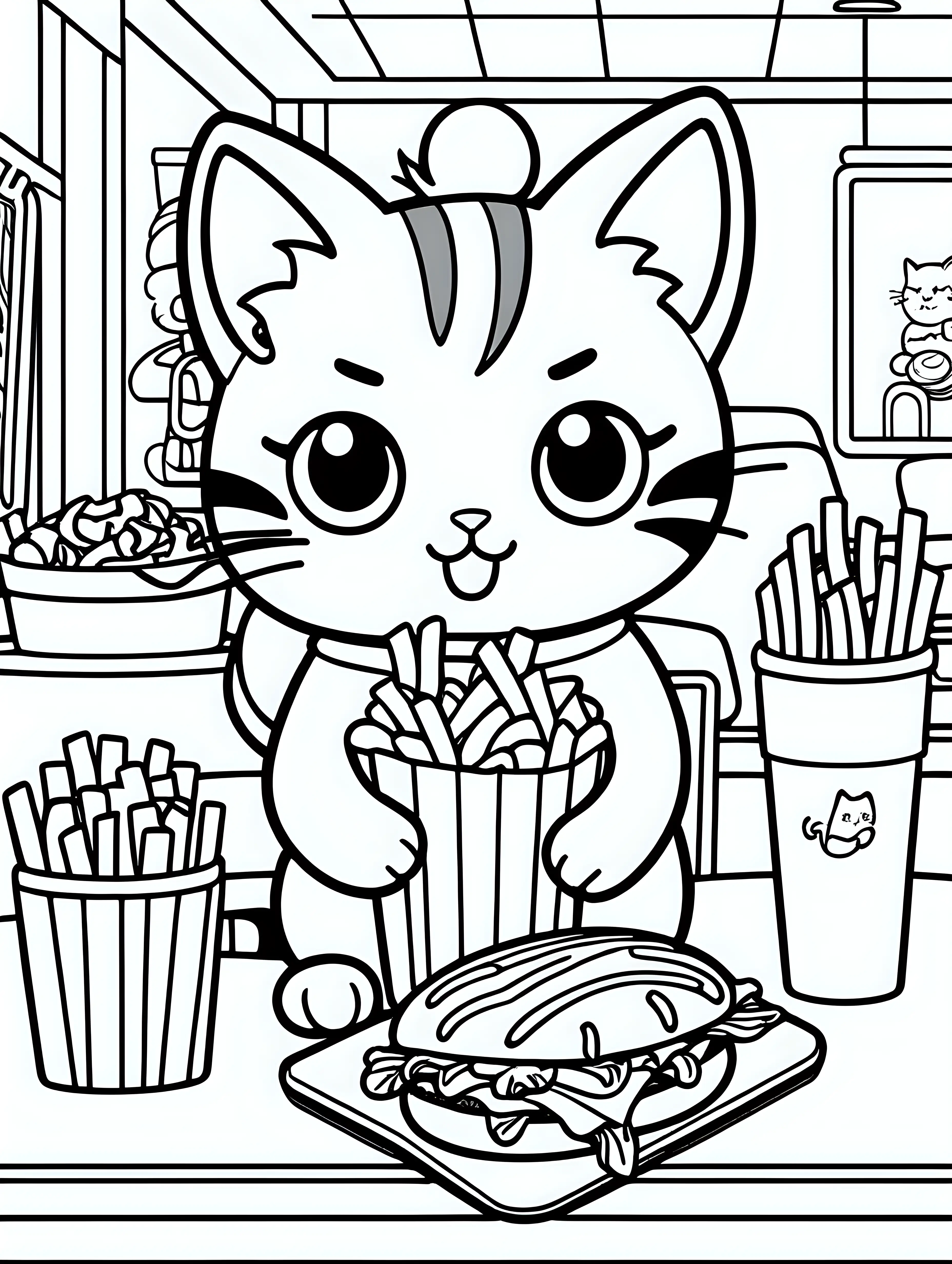 Adorable Kawaii Cat Coloring Page Wholesome Fast Food Fun for Kids