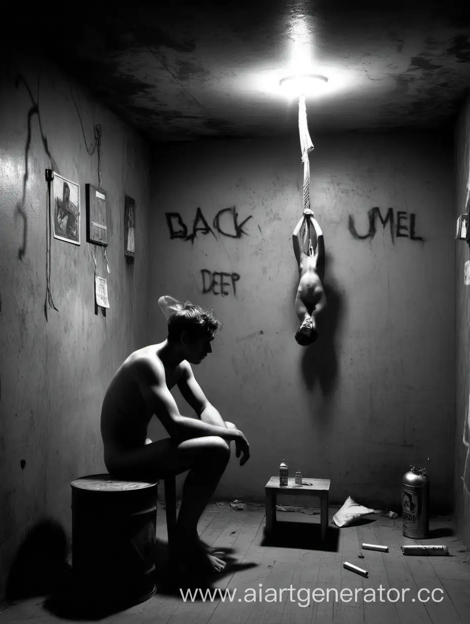 Черно белый, темная комната с тенями и светом в конце тоннеля, голый мужчина сидит на табурете в руке горит зажигалка, на стене фото девушки, и сигареты, с потолка свисает петля из веревки, канистра с бензином, лицо его в глубоких раздумываниях