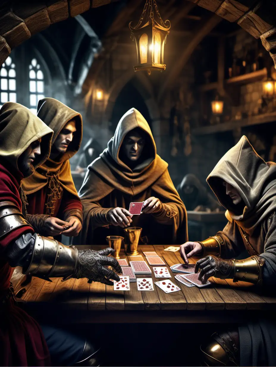 Four mysterious hooded figures playing card games betting gold in a big medieval tavern, in a detailed fantasy style