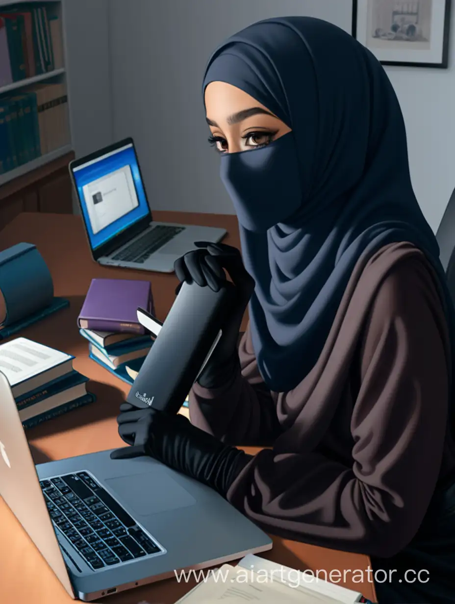 Muslim-Woman-in-Hijab-Working-at-Office-Desk-with-Laptop-and-Books