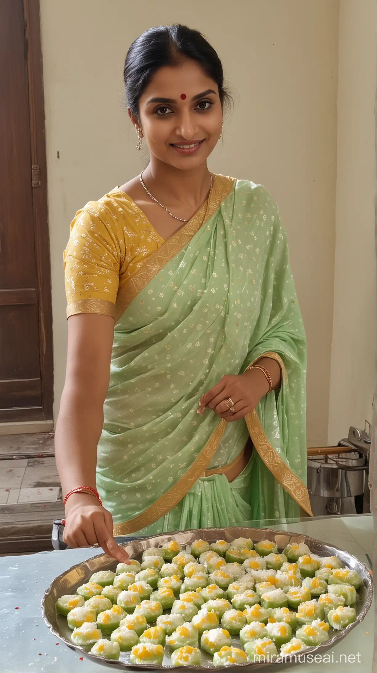 one lady wearing silna saree and making sweets