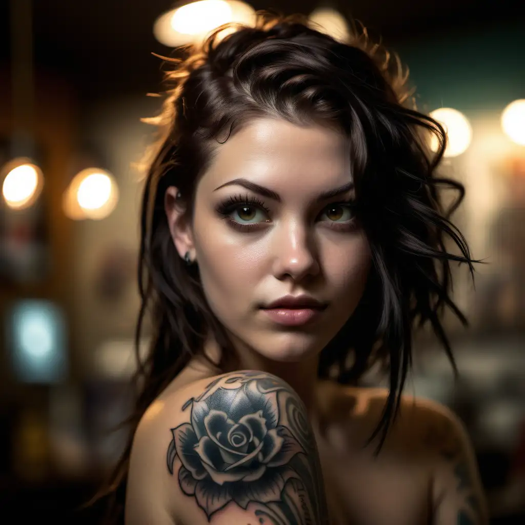 /imagine prompt : An ultra-realistic photograph captured with a canon 5d mark III camera, equipped with an 85mm lens at F 1.8 aperture setting, feutering a tattoo session
<location>tattoo shop
The background is beautifully blurred, highlighting the subject.
Soft spot light gracefully illuminates the subject’s face and hair, casting a dreamlike glow. The image, shot in high resolution and a 16:9 aspect ratio, captures the subject’s natural beauty and personality with stunning realism –ar 16:9 –v 5.2 –style raw