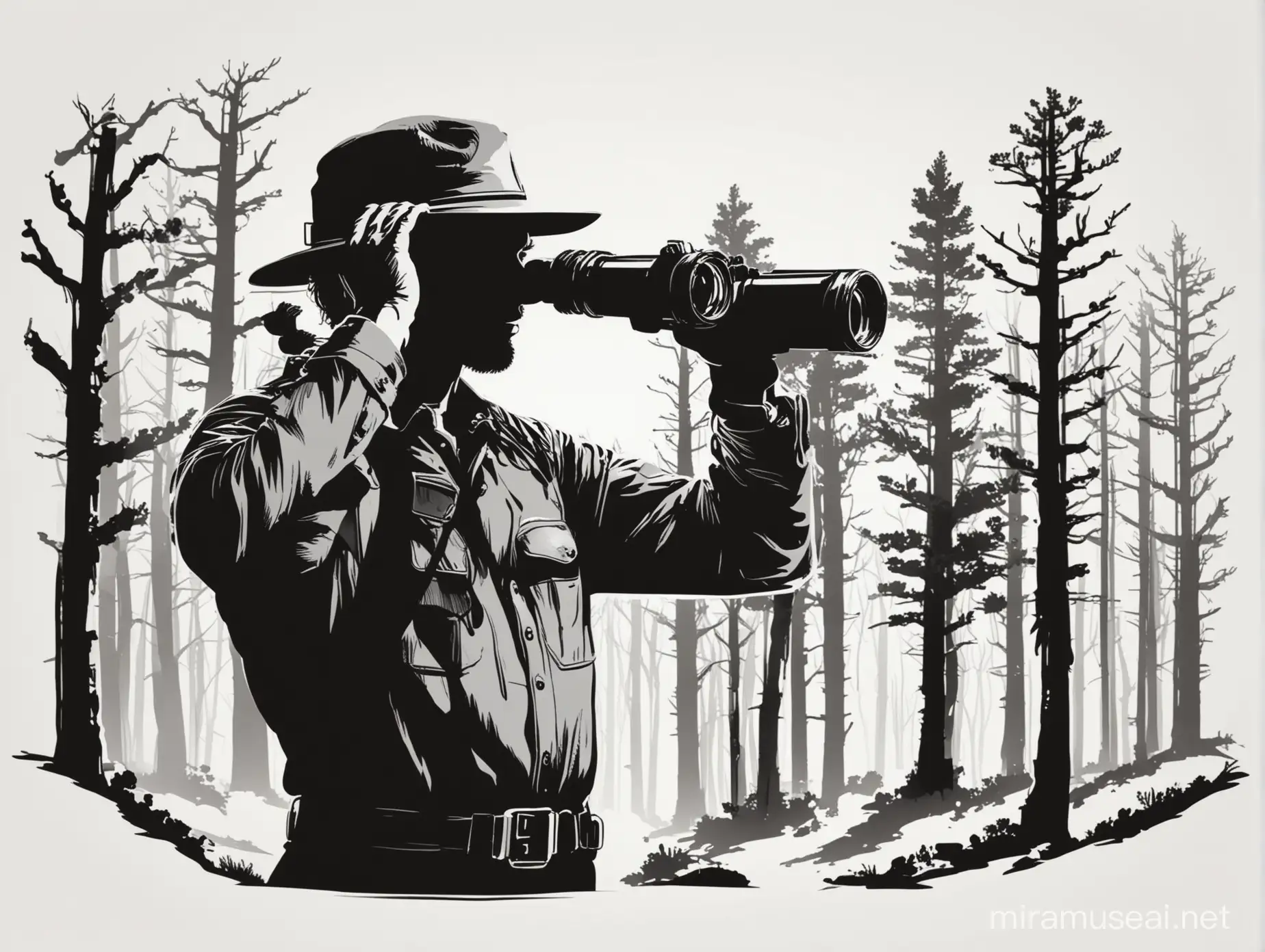 A very simple Vector black Silhouette of a forest ranger using binoculars in a white background
