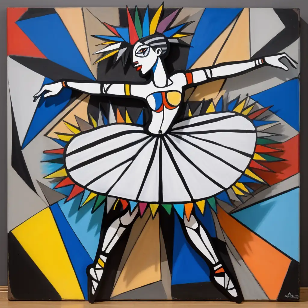 Danseuse bleerine en tutu inspiré de guernica de picasso style basquiat très coloré 