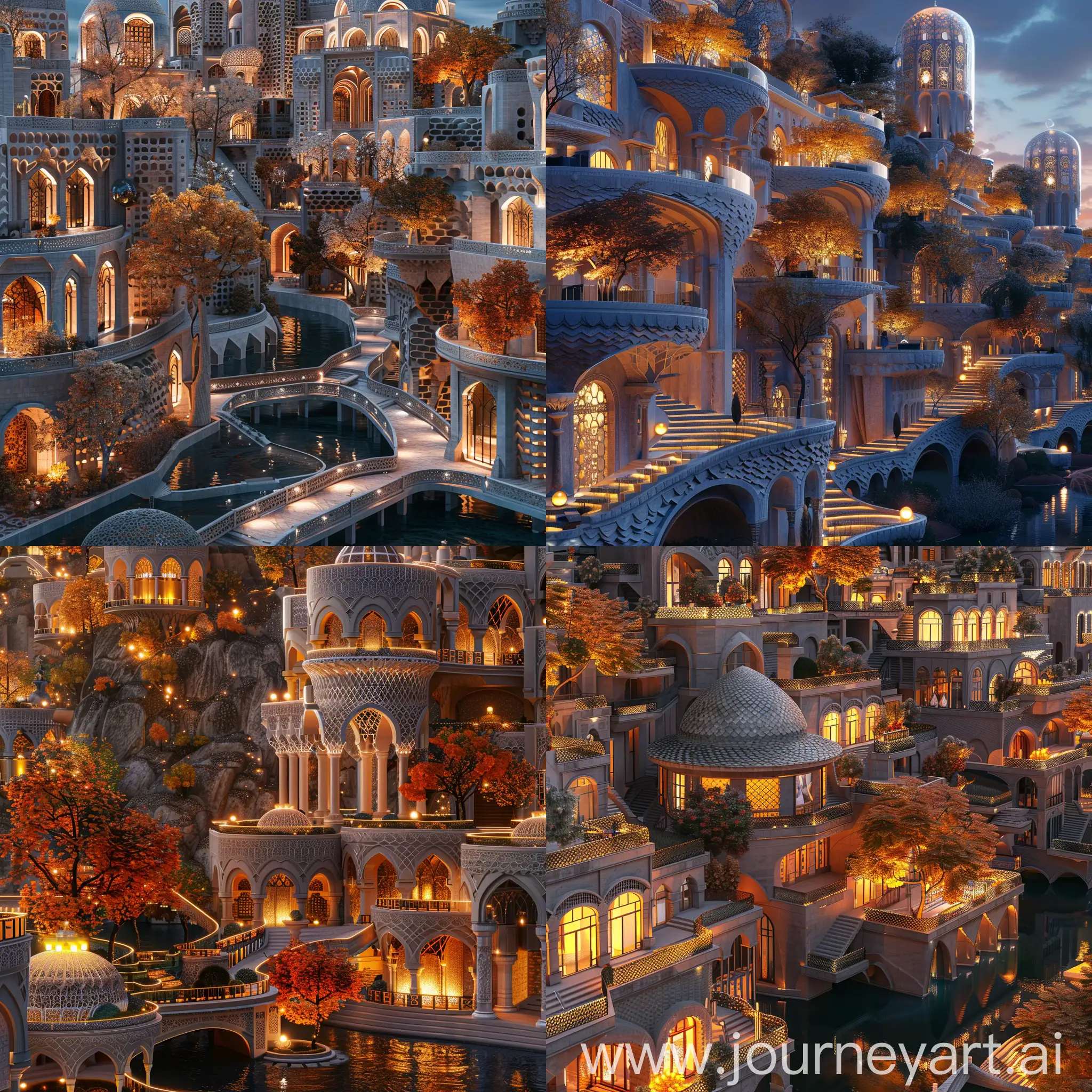 Beautiful futuristic metropolis in an alternate timeline where all buildings retain traditional elements, ornate travertine architecture with scale-like patterns on facades and illuminated trees, monumental terraced buildings, canals, Persian vibe, autumn, photograph