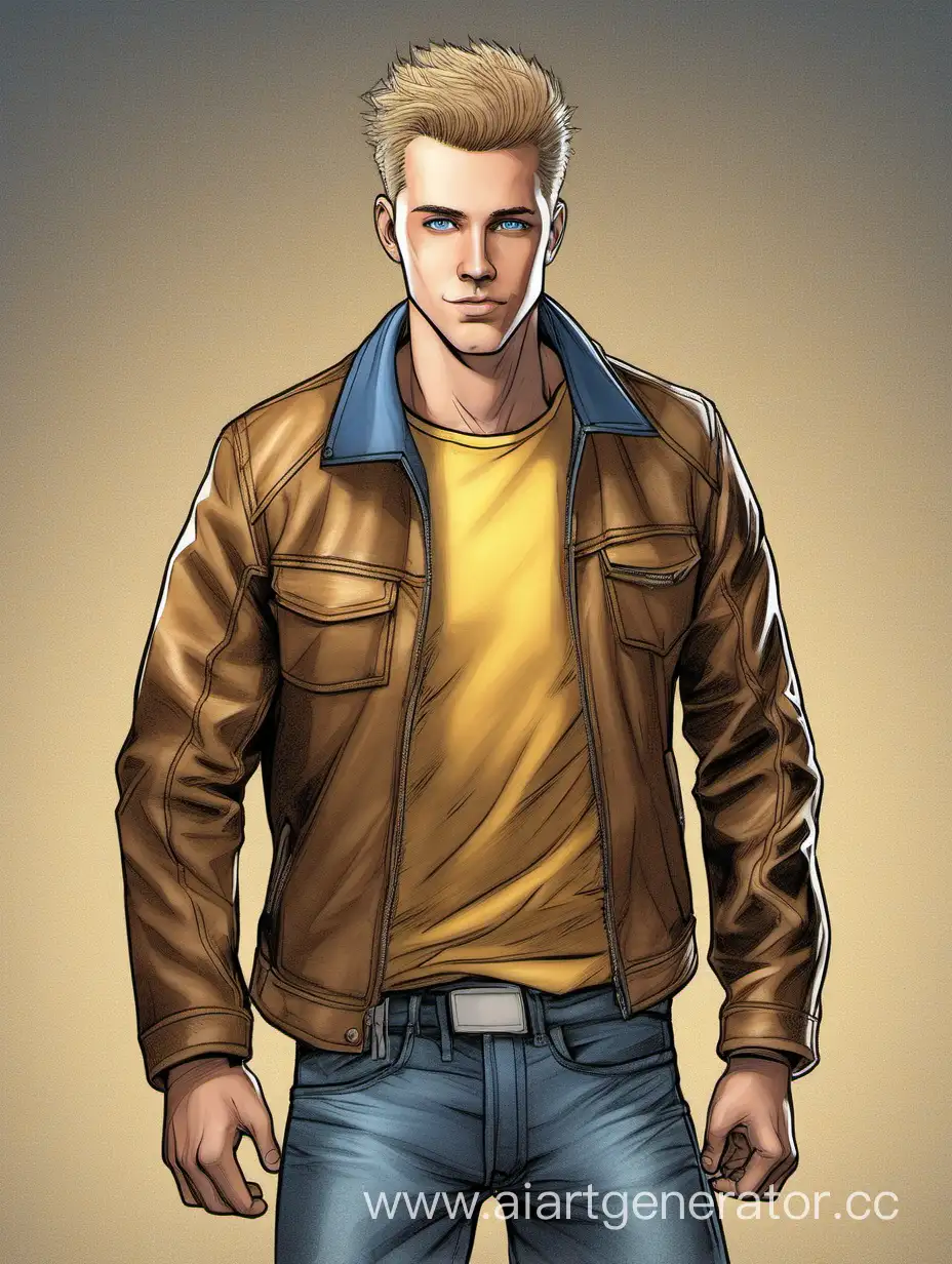 Amused-Athletic-Man-in-YellowBrown-Leather-Jacket