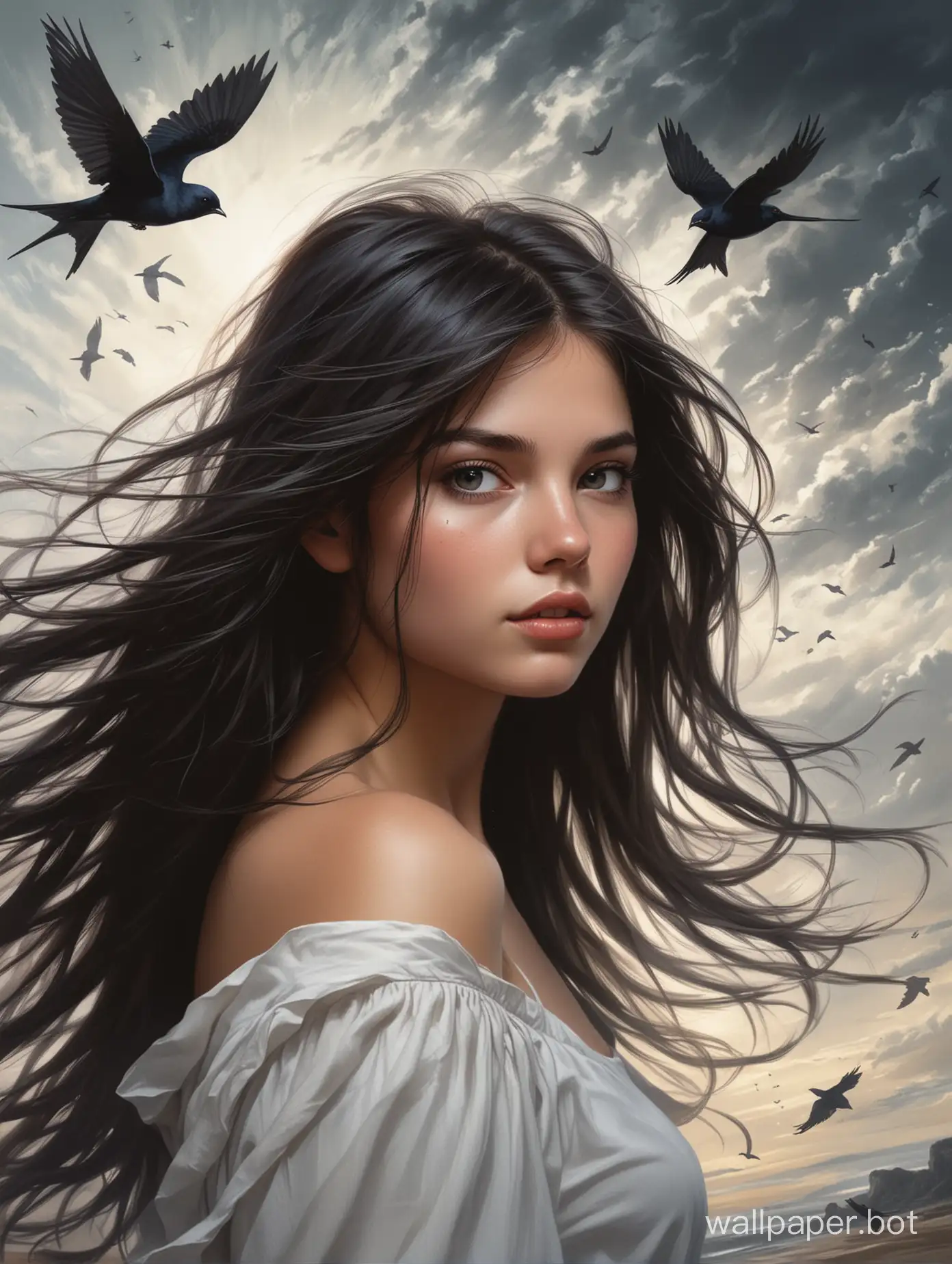 The main element of the cover is a large portrait of a 19-year-old girl with long dark hair. The hair flows freely over her shoulders and back, creating a sense of movement. The wind gently sways her hair, giving her a dynamic and light appearance. The girl's eyes are half-closed, giving her a pensive and mysterious look. In the background, there are undefined shadows hinting at the secrets and dangers that lie ahead. A small silhouette of a swallow, hovering in the upper right corner, is a subtle hint at the theme of freedom and hope that runs through the book.