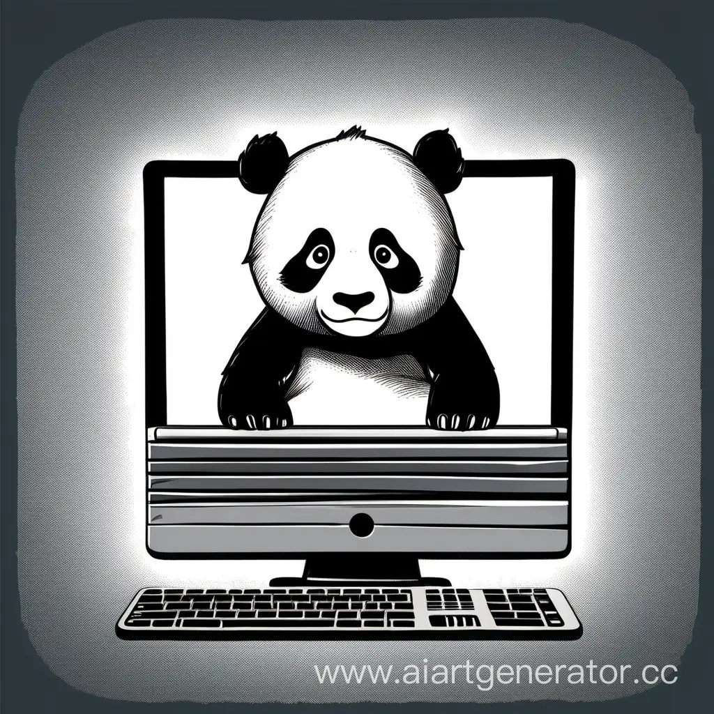 Рисованная панда сидящая за компьютером. Голова повёрнута к зрителю с вопросительным выражением на морде. Рисунок должен быть выполнен в схематичном стиле. Фон должен быть полностью чёрным.