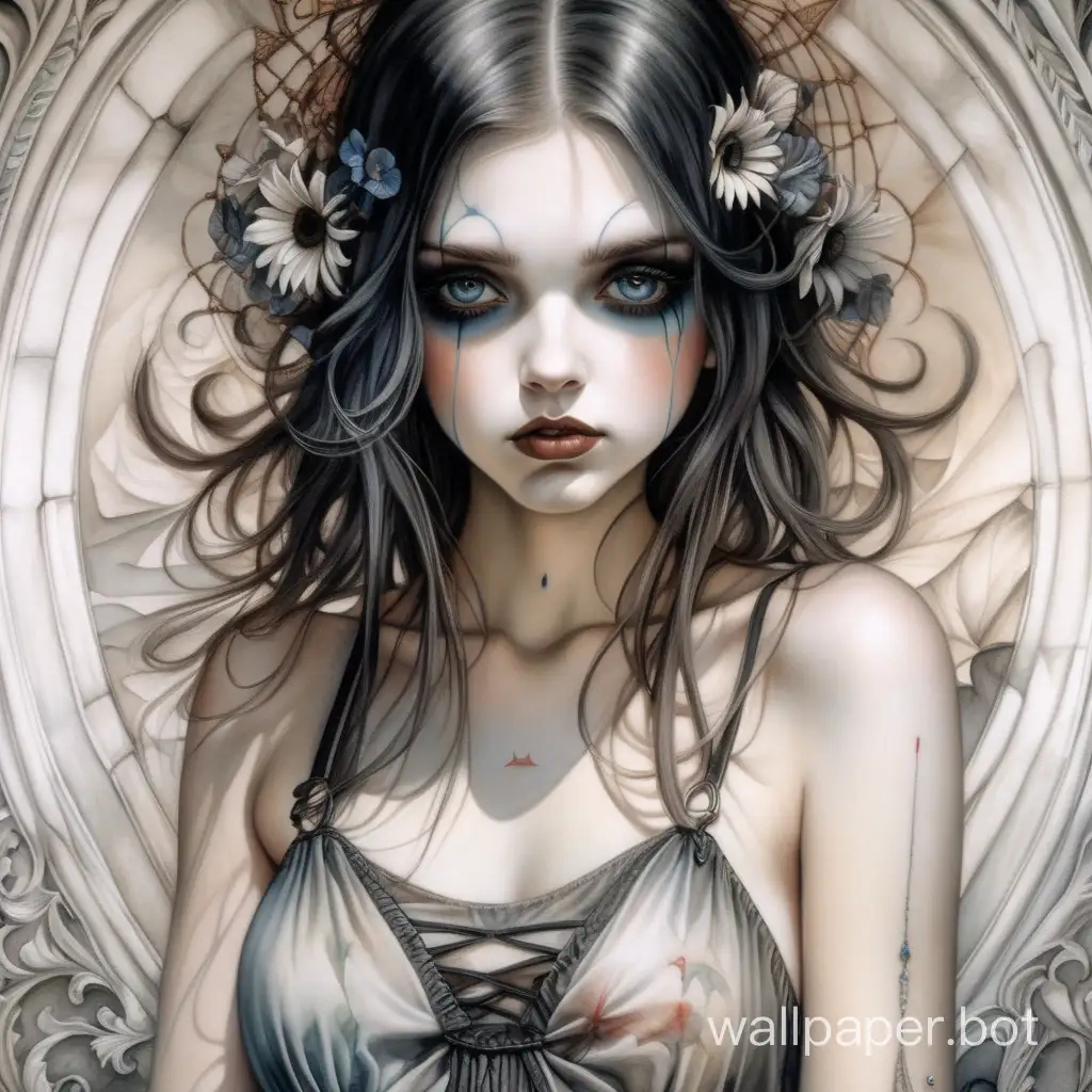 (close-up), unearthly girl,  clean skin , in a sundress, front view, dreamy, triple exposure, perfect eyes, perfect hands, perfect body, watercolor, flawless composition , Brian Viveros, Tim Burton, Anne Stokes, complex pose,  bold high quality