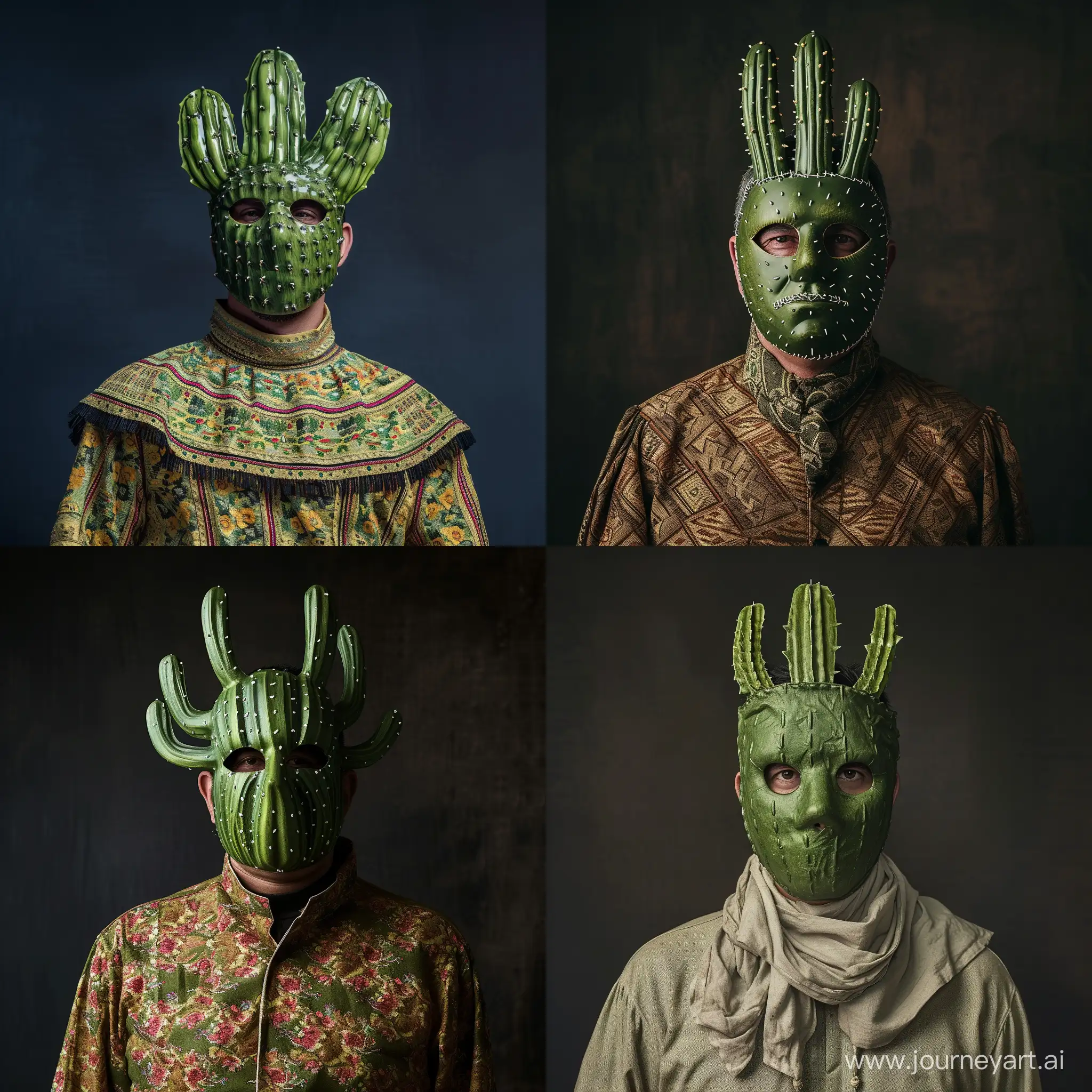 Mexican-Man-in-Striking-Cactus-Mask-and-National-Costume-on-Dark-Background