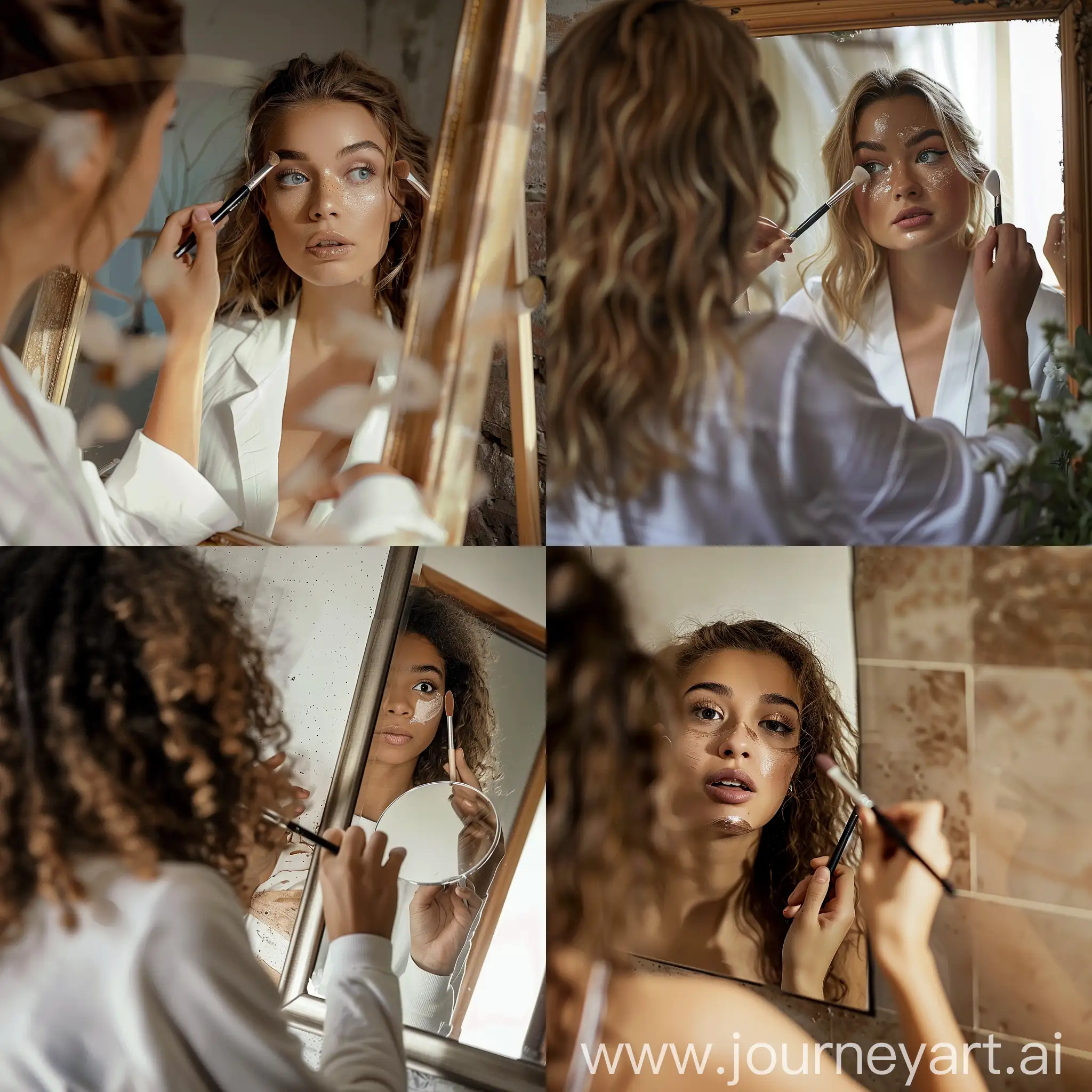 Elegant-Couple-Admiring-Themselves-in-a-Mirror-While-Applying-Makeup