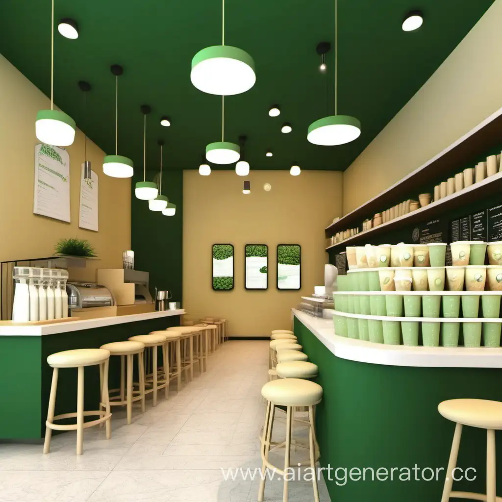 Внутреннее убранство кафе с йогуртами в кофейных стаканчиках в зелёно-бежевых цветах с посетителями