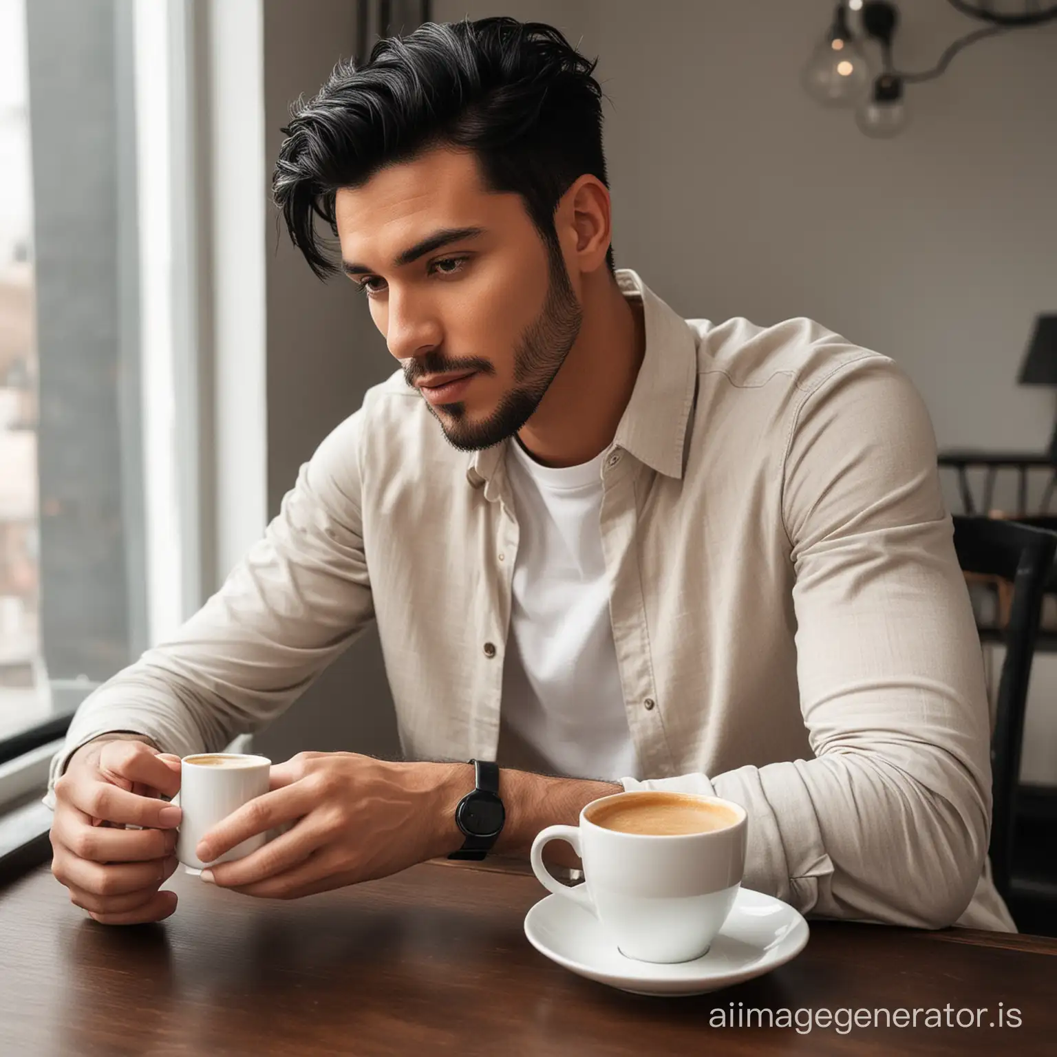 A stylish black hair man in coffe tea on the table