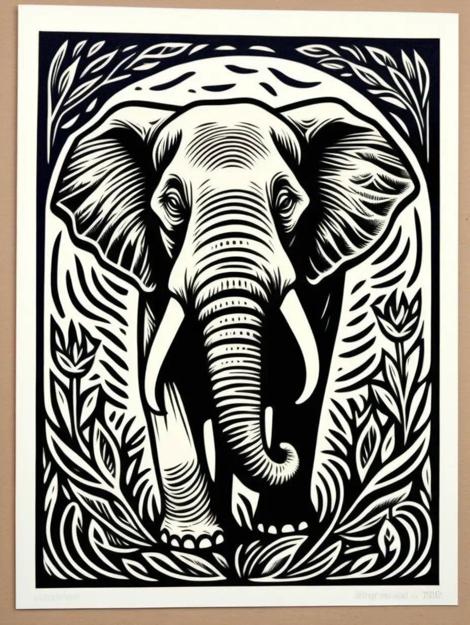 African Elephants - Linocut Print