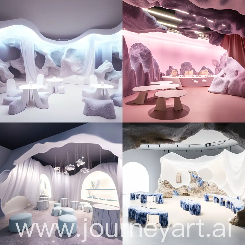 Fabric showroom with caves concept that has hanging fabric display, fabric display table and seating area
