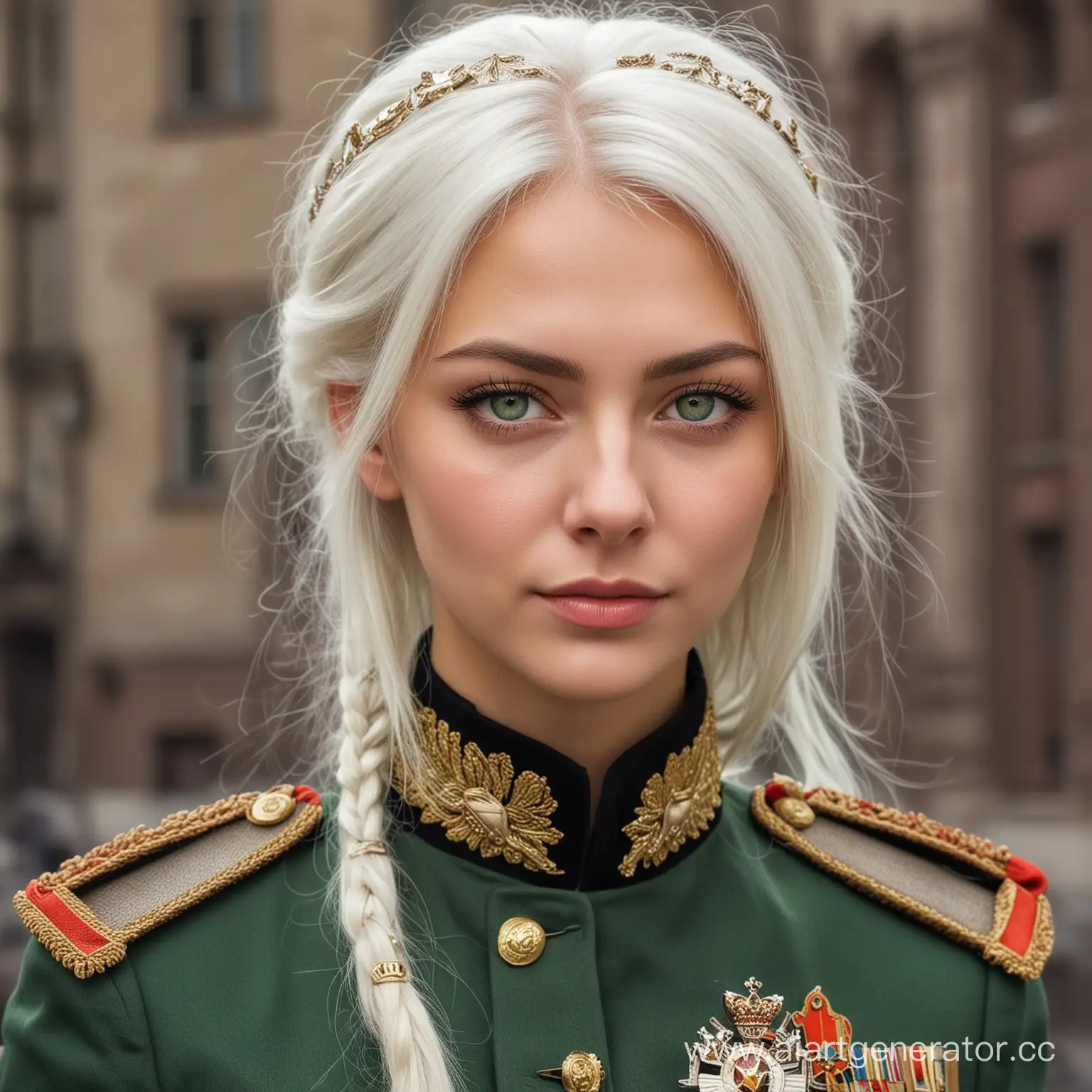 Российская империя, город, девушка 30 лет, белые волосы, зелёные глаза военная форма, 