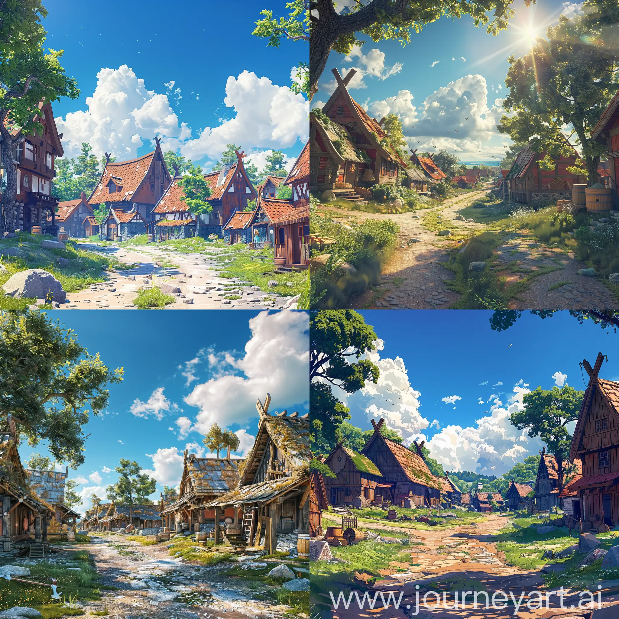 a viking village on a warm sunny dat
, realistic anime 3 d style, 4k highly detailed digital art, ultra detailed portrait, 8k high quality detailed art, anime highly detailed