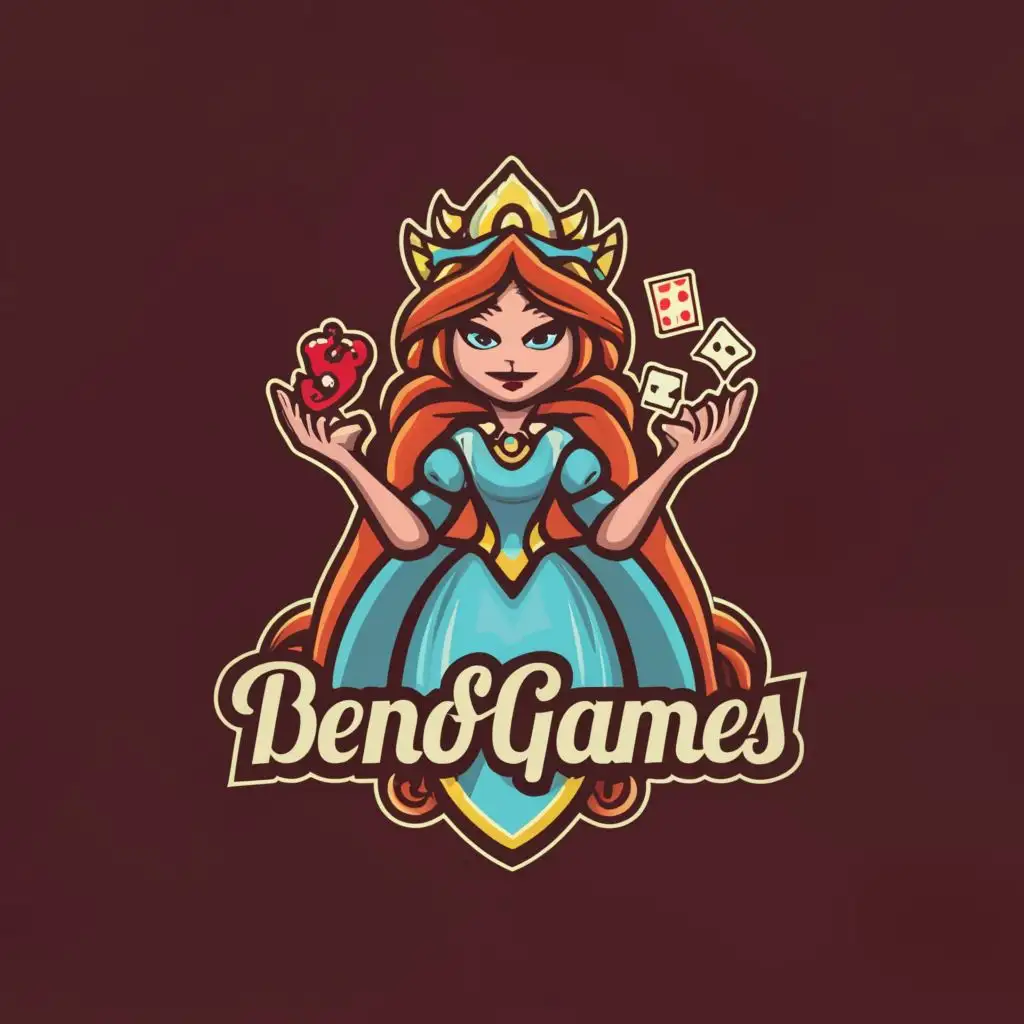 a logo design,with the text "denofgames", main symbol:princess outline with playing cards and a cat in the other hand,complex,clear background