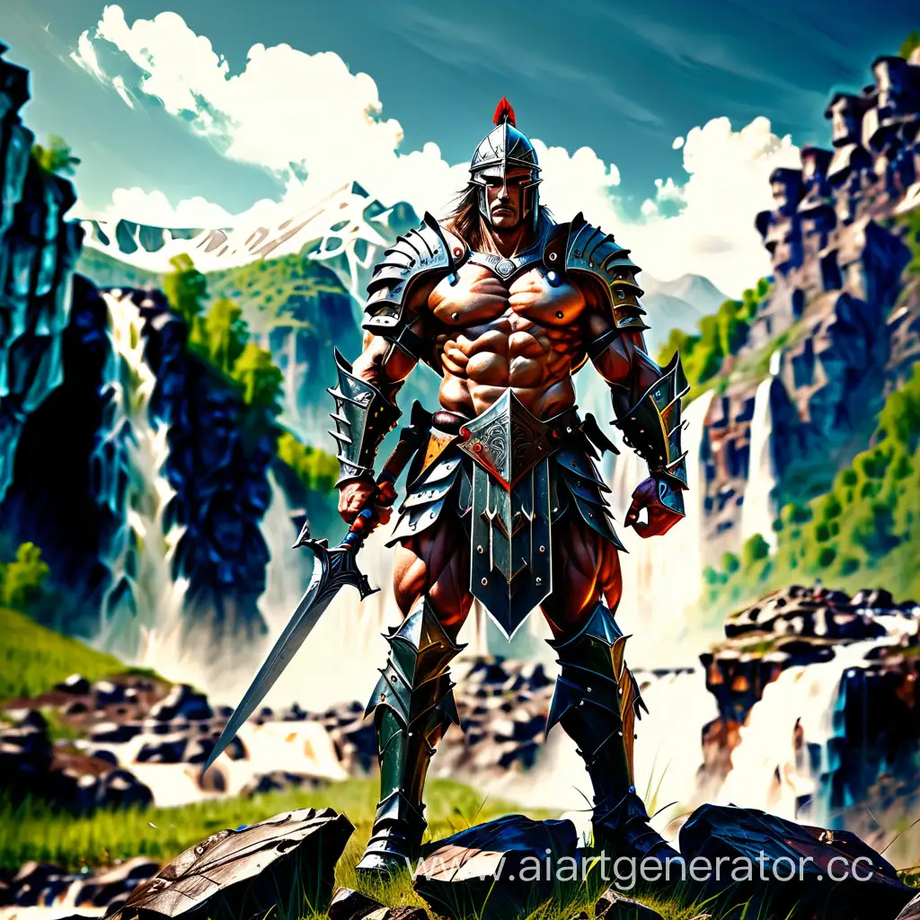 могучий воин в латах, мускулы видны на рукапх и ногах, русич, в поле, на заднем плане горы и водопад.