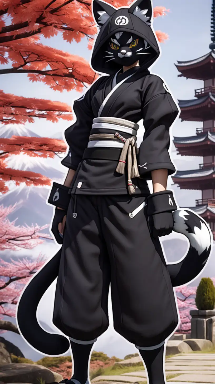 Blake character from rwby, dressed in kitty fursuit, black ninja outfit, setting is feudal japan.