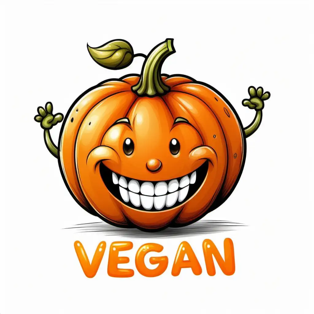 cartoon drawing of a pumpkin with big happy smile with orange word VEGAN cartoon drawing, white background