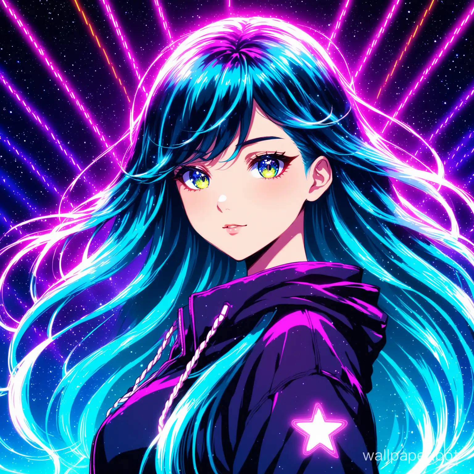 Cool girl with long hair, neon lights, glowing waves, anime style, universe hairstyle, digital art