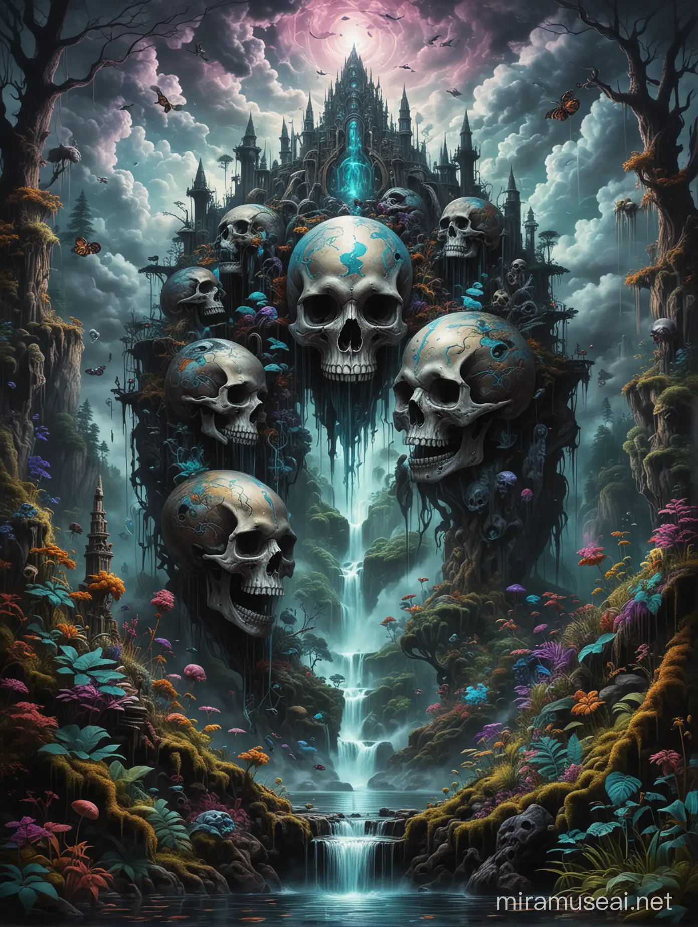 Psychedelic visionary dark art with abstract hyper background with forest water fall clouds small kingdom merge skulls ancient creatures and hyper galxy with some engine parts