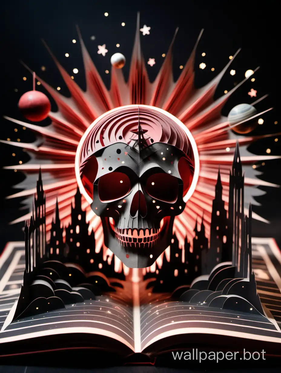 Paper cut out, like a pop up book. Dreamy cinematic atmosphere. Solar system. Faded red and black, grey colours. Twinkling lights. skull with a explosive hipercolored crown.