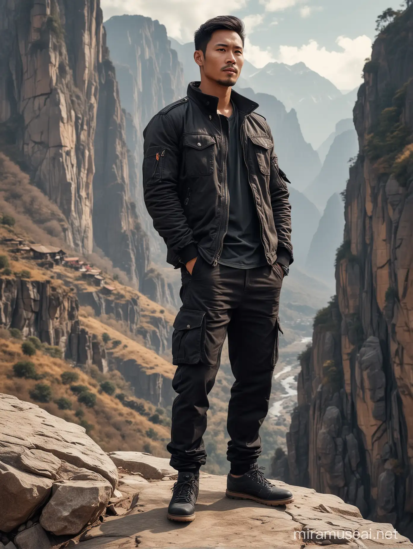 A handsome Indonesian-looking man aged 30 years, short hair and a thin beard, he have fat body, wearing a black jacket and brown tactical pants and black shoes, he is standing on a rock. The background image is high cliffs in the mountains.  The image looks very realistic and super detailed