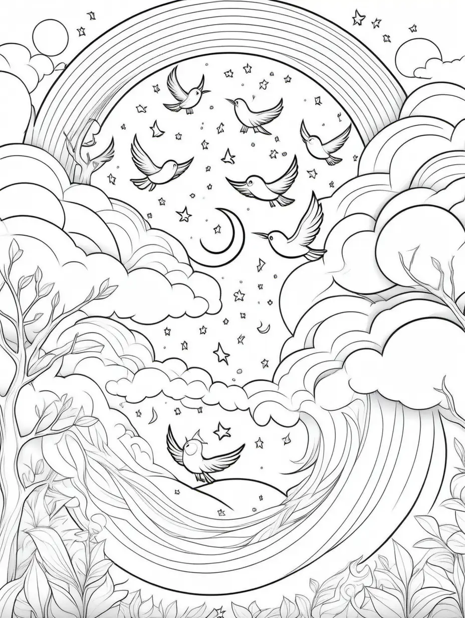 simple black and white line art of dreams for a kids coloring book. moon. books. birds. rainbow. with white bakground. easy coloring