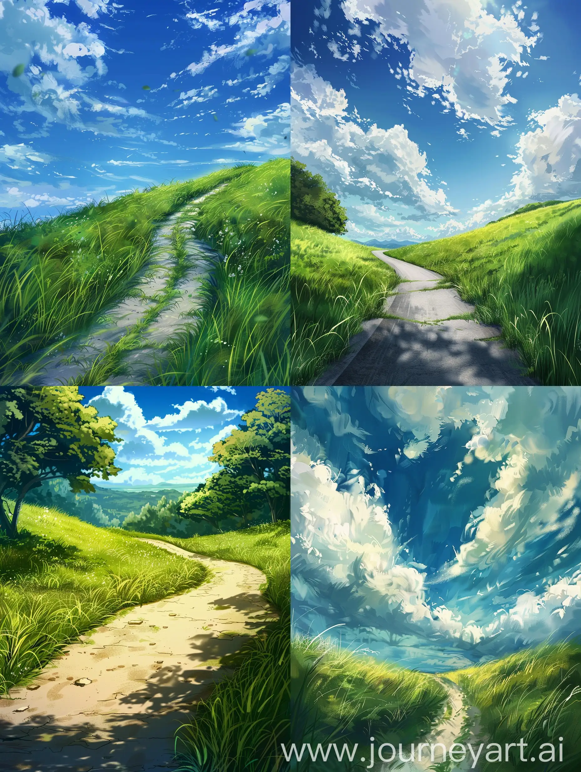 Landscape, fantasy anime style, a road in grass.