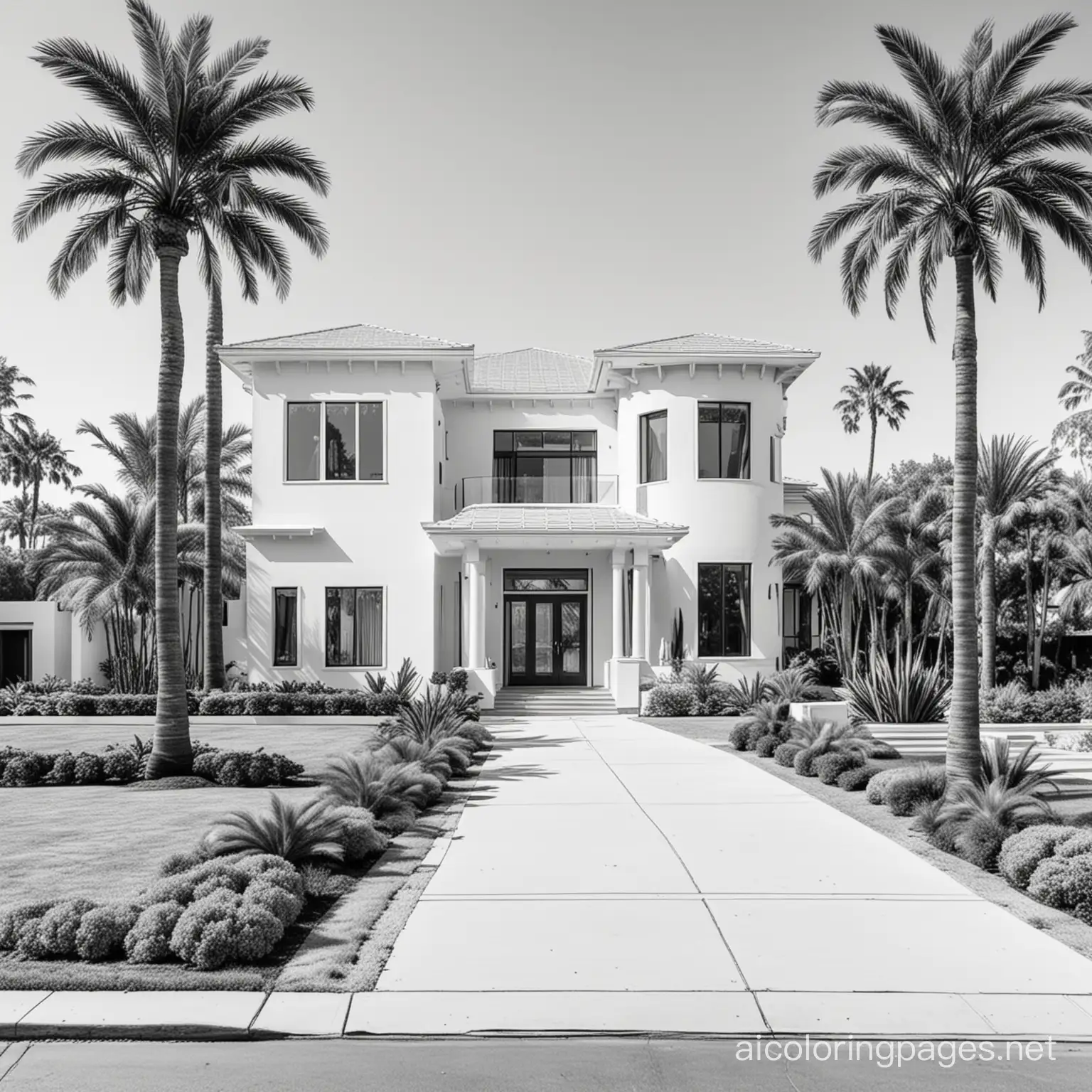 modern mansion with a driveway lined with palm strees, Coloring Page, black and white, line art, white background, Simplicity, Ample White Space. The background of the coloring page is plain white to make it easy for young children to color within the lines. The outlines of all the subjects are easy to distinguish, making it simple for kids to color without too much difficulty