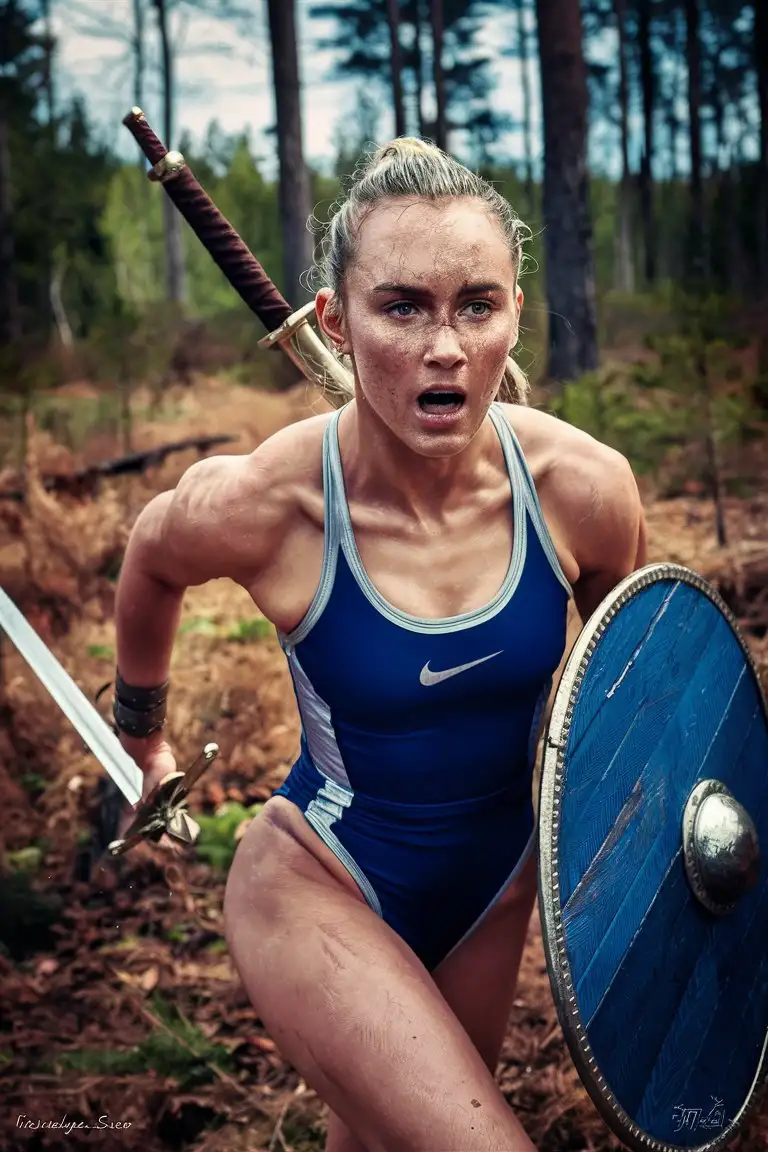 Close focus on a 21-year-old female viking shieldmaiden in a boreal forest, shy smile, slim and short nut a bit curvy, armed with broad sword and round shield and wearing a blue-silver high-leg-cut Nike competition one-piece-swimsuit, sweaty and hot and exhausted from surviving a battle,standing at a tree, very detailed skin and face and eyes, rich skin and clothing texture, very high detail, ultra high quality, photo-realistic