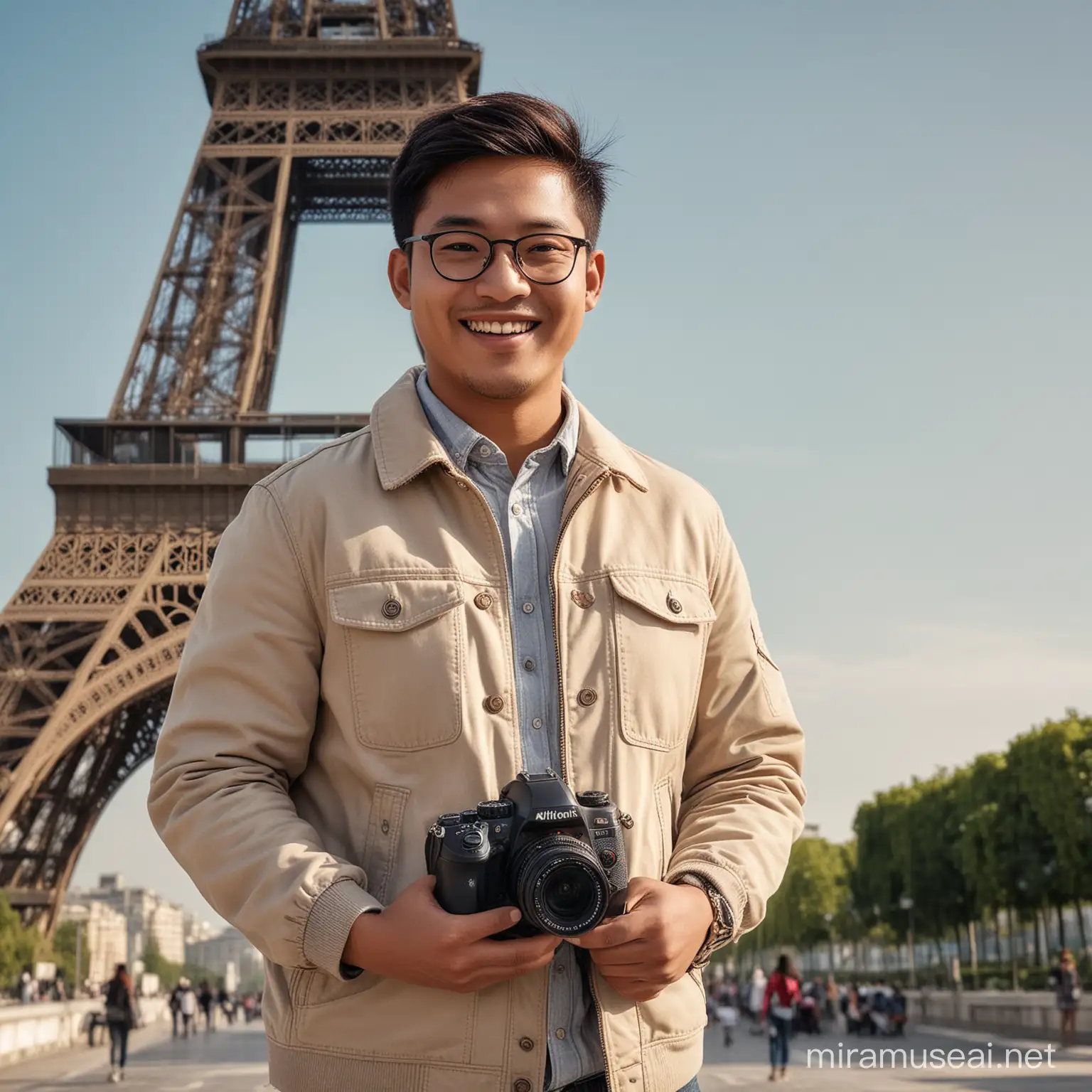 Smiling Indonesian Photographer with DSLR Camera near Eiffel Tower