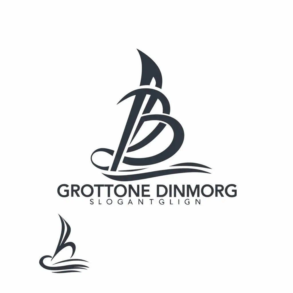 a logo design,with the text "grottone dwelling", main symbol:written 'grottone dimora', fine lines  The D forms a sailboat and the G the sea with a small stylized sailor. Elegant and minimal.,Moderate,clear background