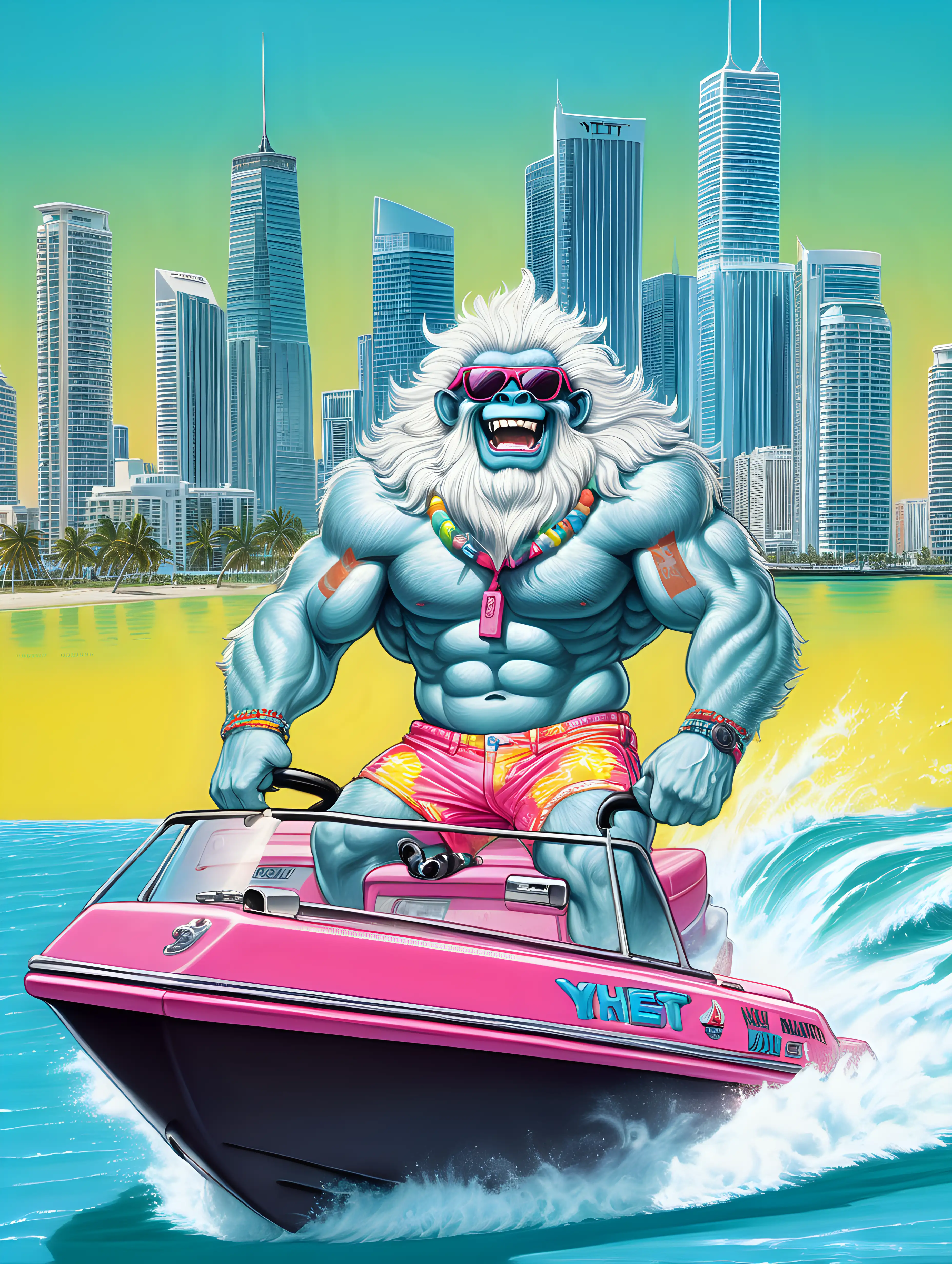 Joyful Yeti Speedboat Ride with 80s Neon Style in Miami | MUSE AI