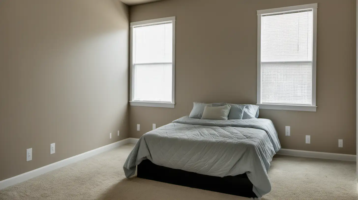 An overview of a sparsely furnished bedroom that contains only a bed.