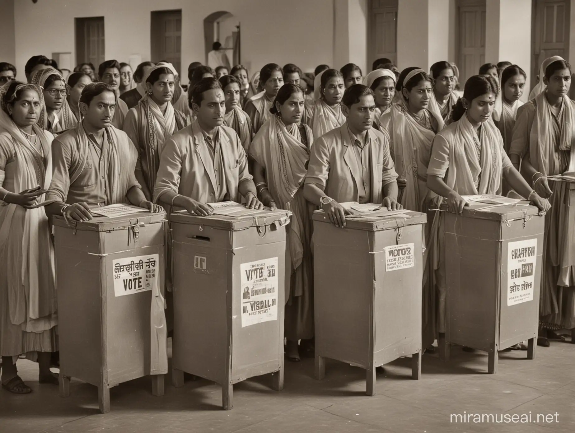 FirstTime Voting Indian Men and Women Casting Ballots in 1951 Election