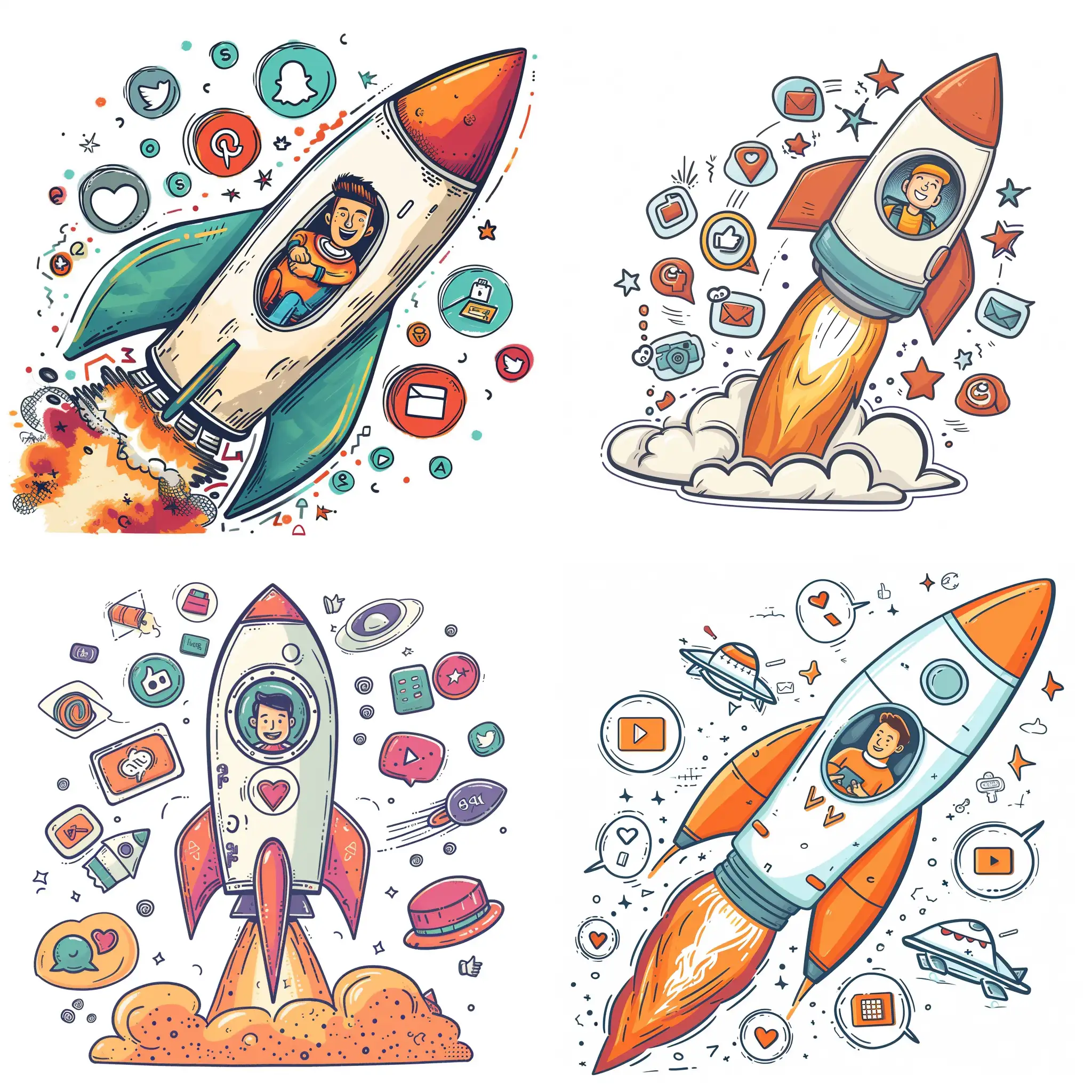 A rocket is ready to launch, a man inside he looks happy.  and around the rocket are social media icons, vector sketch drawing iliustrator style on white background. 