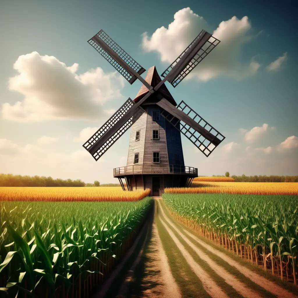 Erstelle mir ein Bild von einer Windmühle in der man leben kann, umgeben von einem Maisfeld