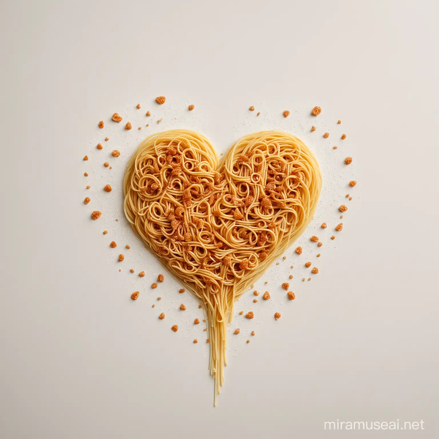 Spaghetti in the form of a Broken Heart, plain white background. Only one of them extends upwards from the top of the spaghetti 
