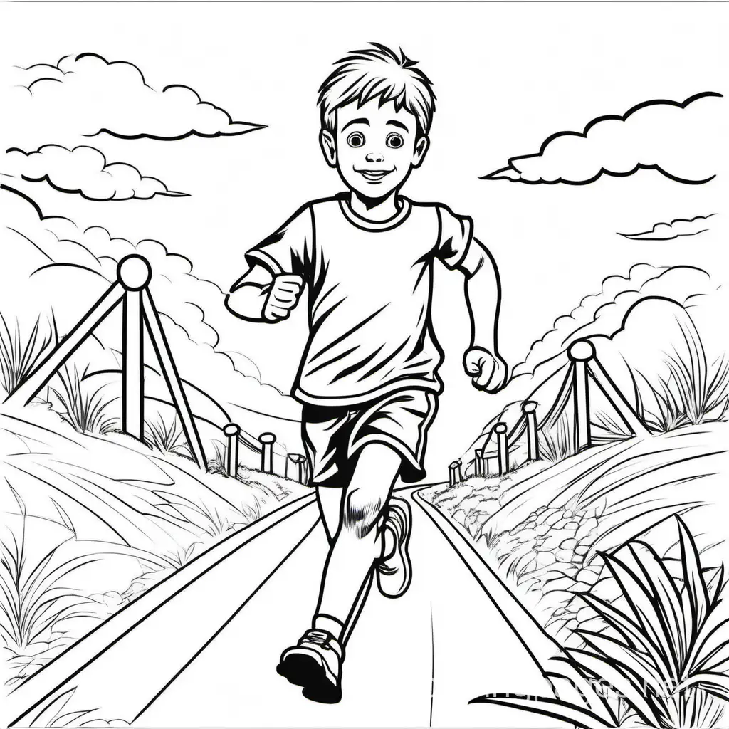 The boy runs the distance at speed, Coloring Page, black and white, line art, white background, Simplicity, Ample White Space. The background of the coloring page is plain white to make it easy for young children to color within the lines. The outlines of all the subjects are easy to distinguish, making it simple for kids to color without too much difficulty