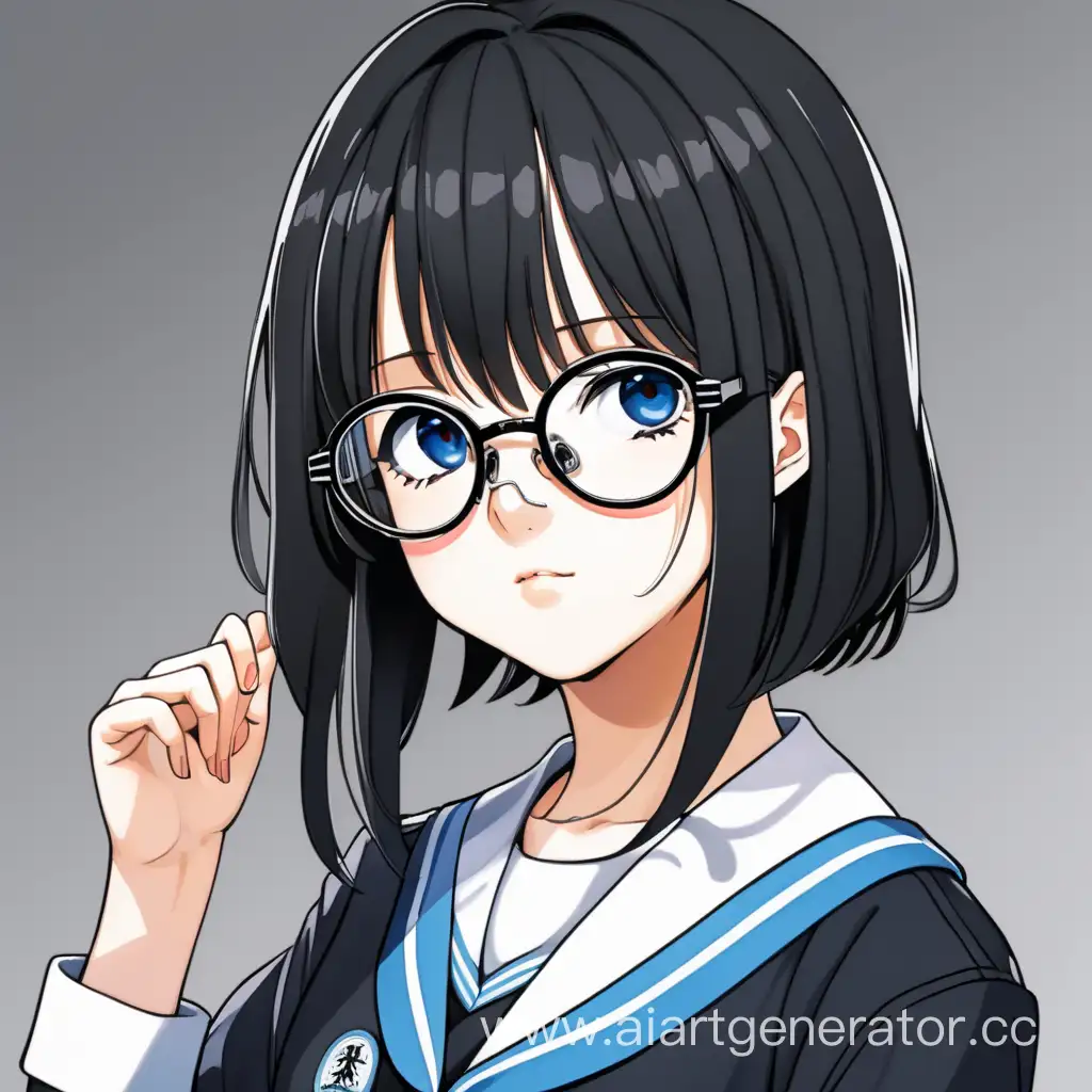 Девушка в стиле аниме. Темные волосы каре, очки, в белой, черной и синей учебной форме